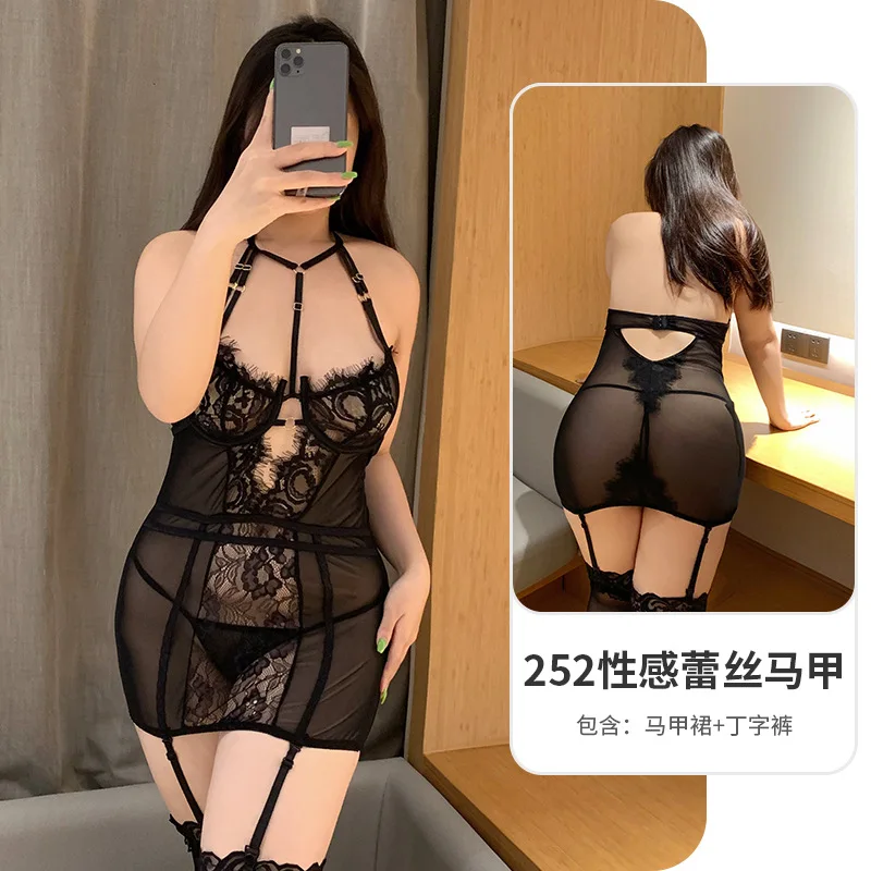 Plus Size Corset Bustiers Body Shaper Lace Underwire Seduction Dress with Stockings Sexy Lingerie Halter Cross Backless Uniform