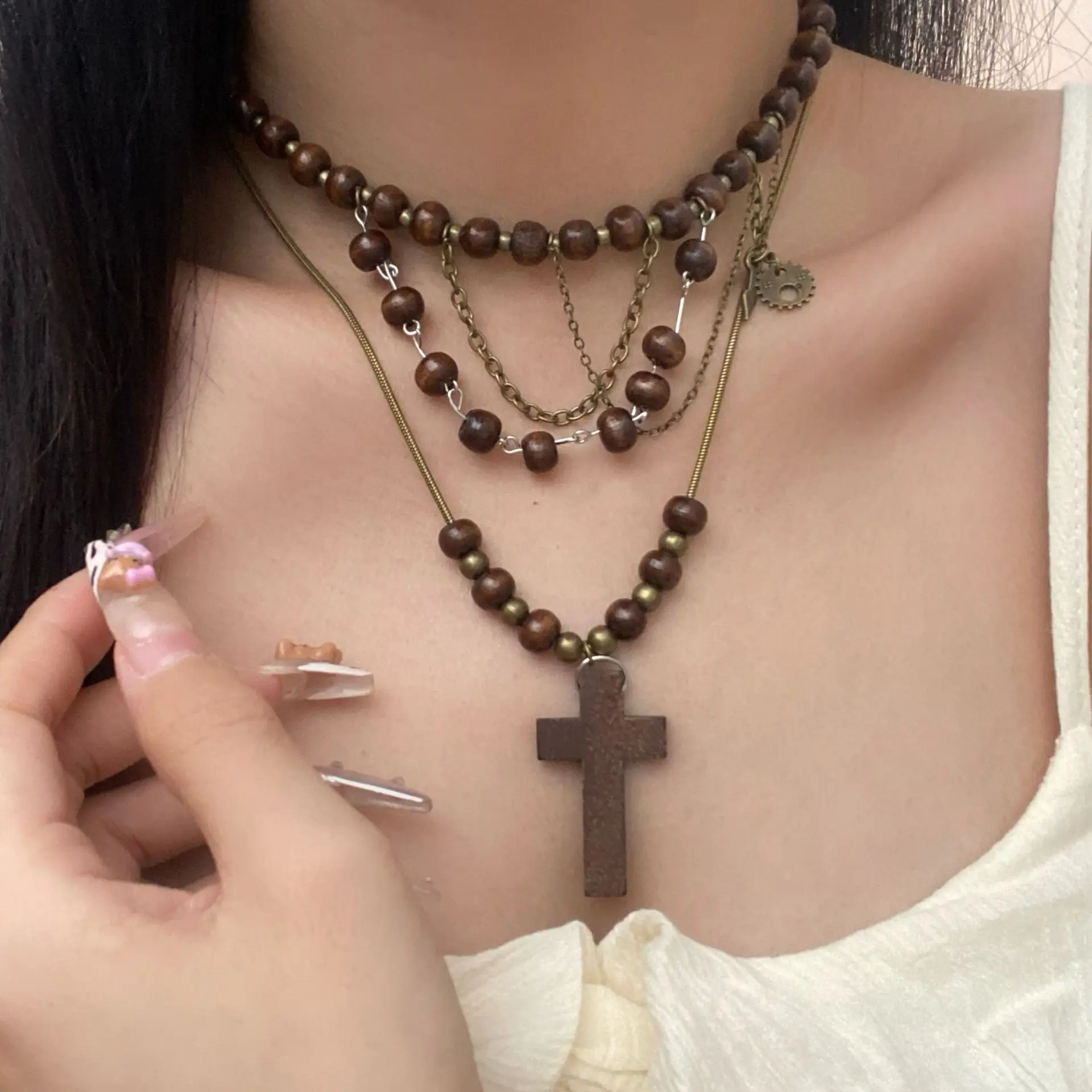 

Gothic Punk Barbed Cross Pendant Necklace Multilayer Beaded Tassels National style For Women Fashion Jewelry Grunge Accessories