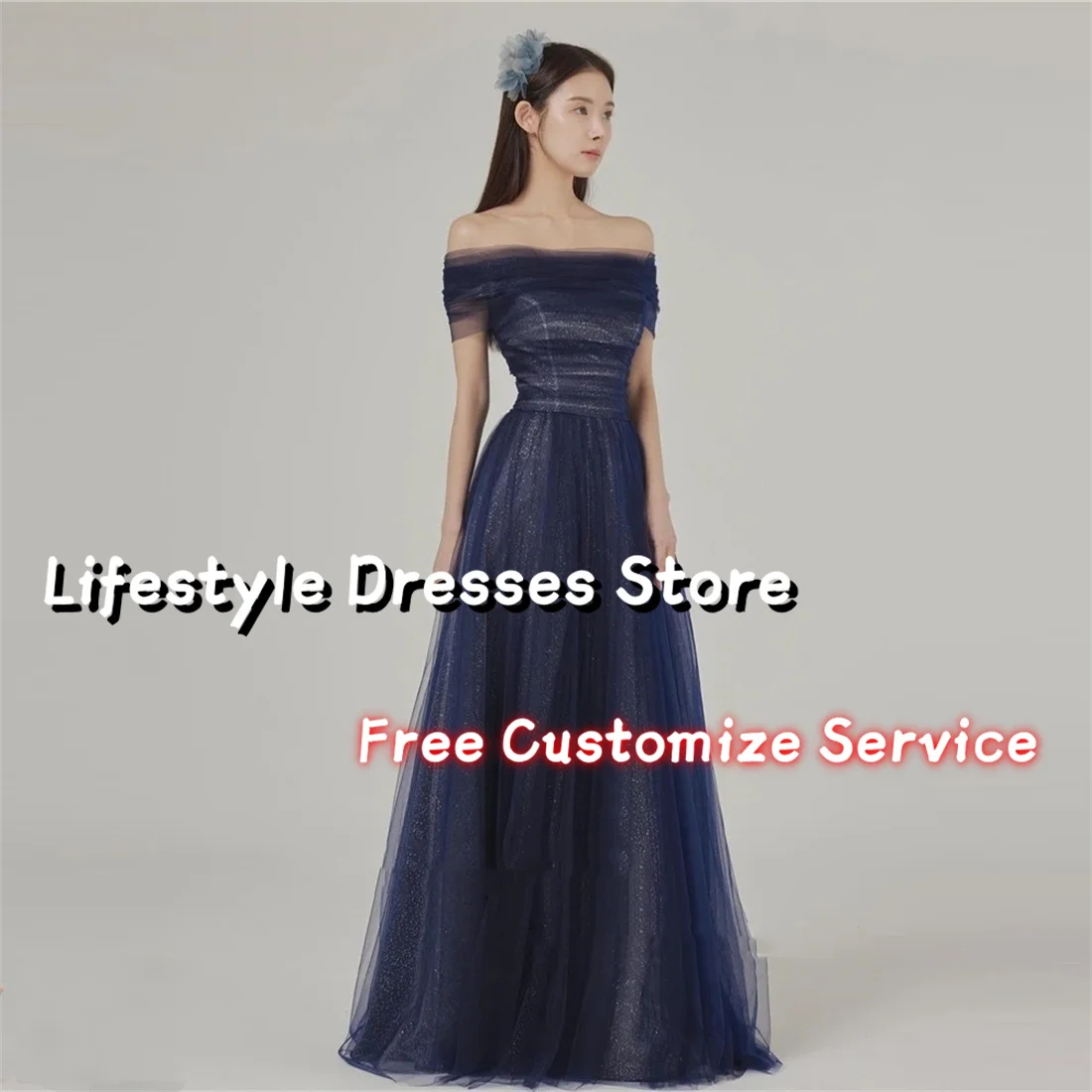 

Elegant Shiny Tulle Evening Dresses Square Simple Off Shoulder A-Line Formal Occasion Prom Dress Sleeveless Party Gown 행사드레스