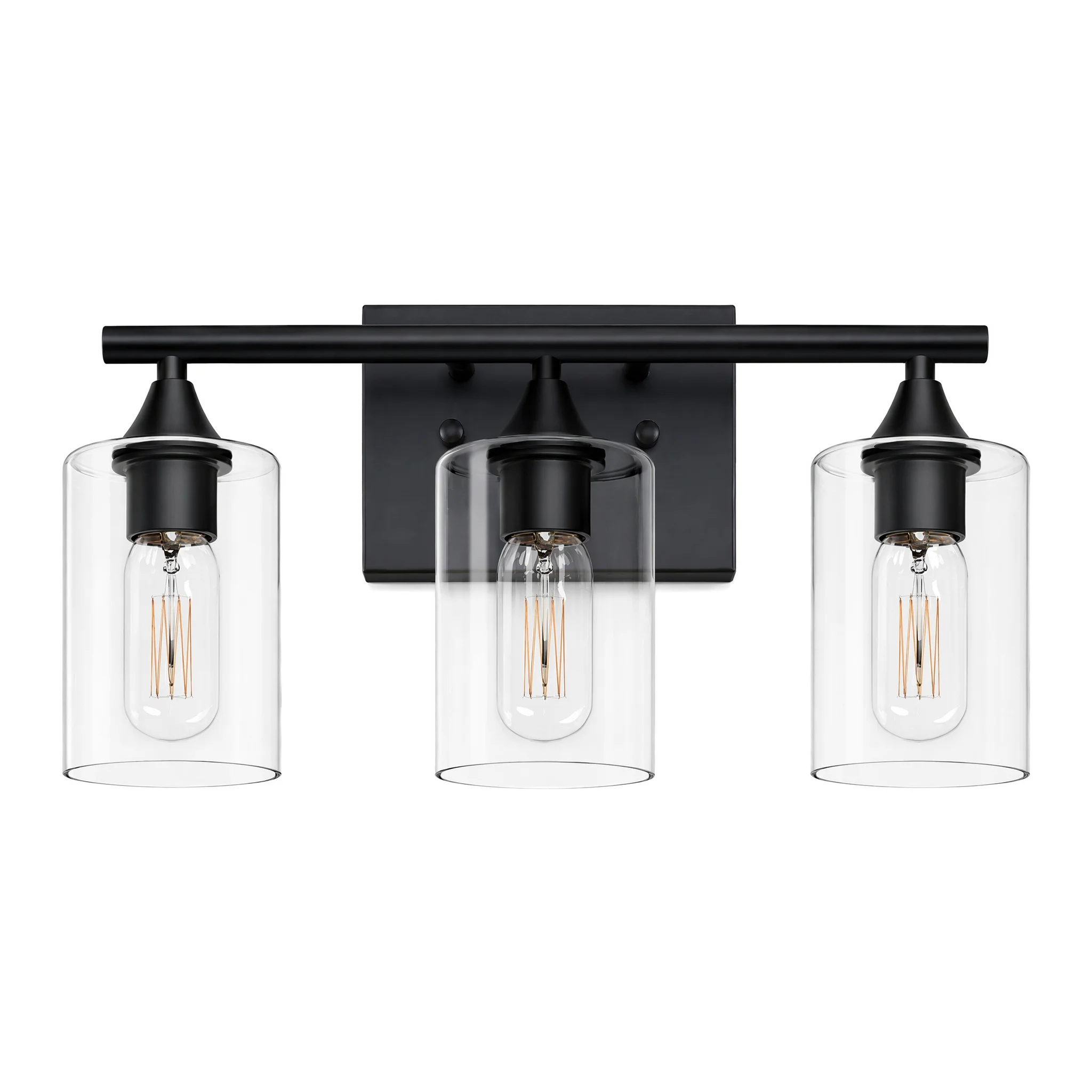 3-Light Matte Black Vanity Light, Industrial Bathroom Wall Sconce, Clear Glass Cylinder Fixture, E26 Base, Up/Down Mount