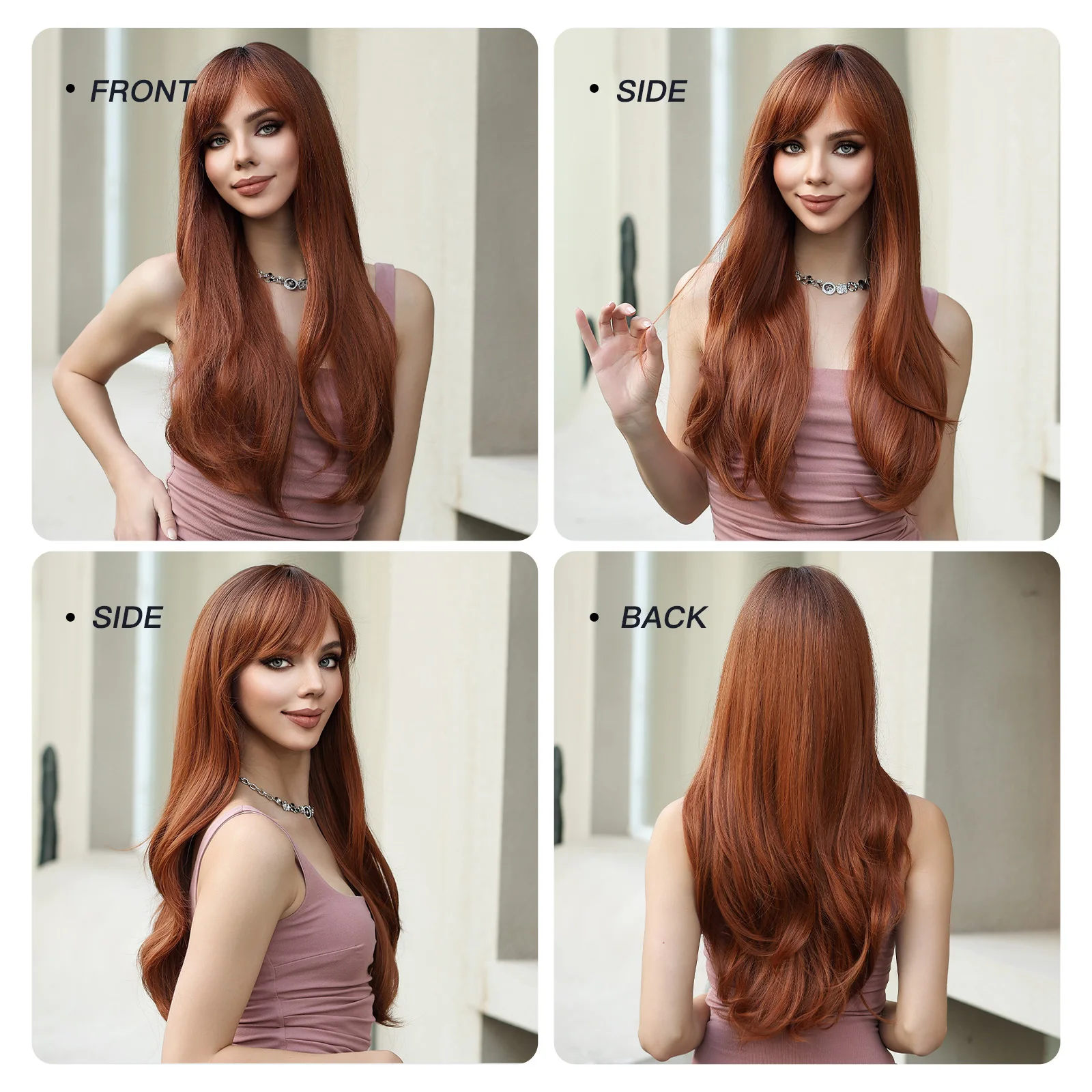 Red Brown Long Straight Synthetic Wigs with Bangs for Black Women Natural Hair Cosplay Party Daily Wig Heat Resistant Fibre