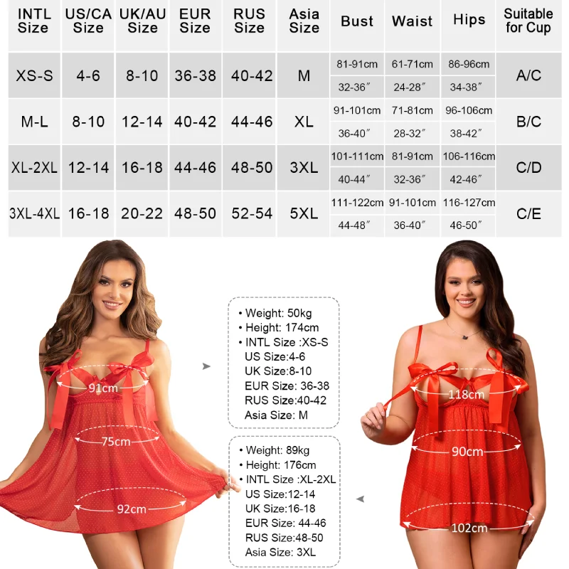 Ohyeahlady Plus Size Women Lingerie Dress Red Sexy Nightgown Skirts Curve Hollow Bow Sleepwear Babydoll Mini Pajamas Briefs Sets