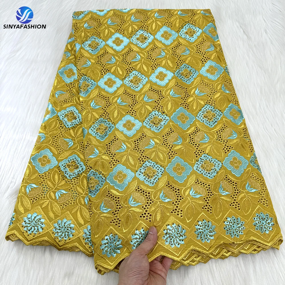 

Sinya Gold 100% Cotton Dubai Austria African Nigerian Lace Fabrics High Quality 5 Yards Stones Swiss Voile Lace In Switzerland