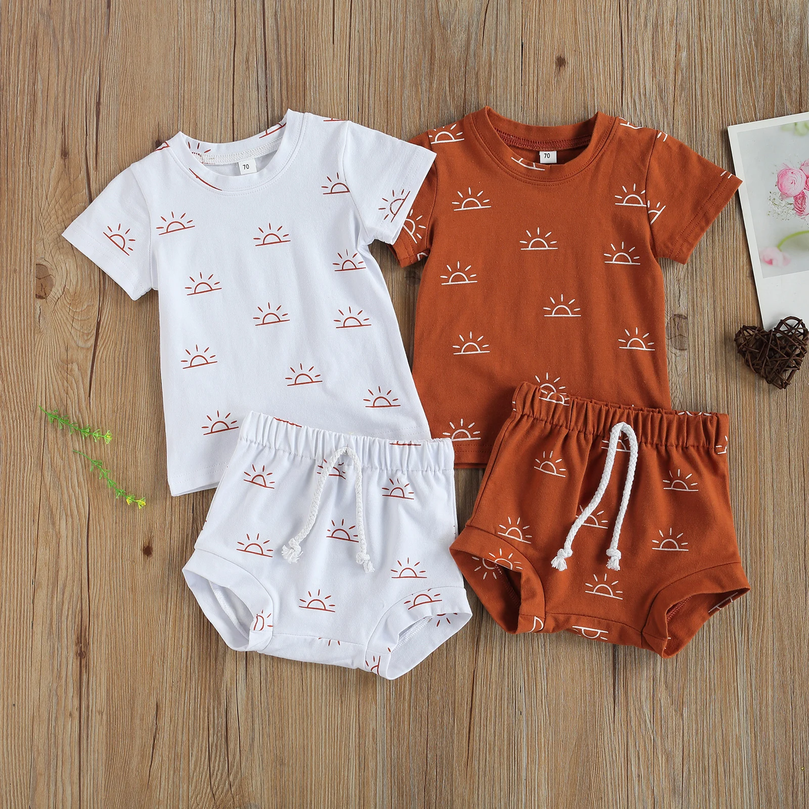 Newborn Baby 2-piece Outfit Set Short Sleeve Sun Print Tops+Shorts Set for Kids Boys Girls