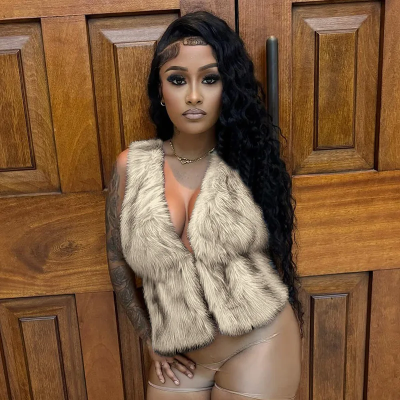 

Sexy Women Fur Cardigan Jackets Tops Sleeveless Lace-up Backless Low-cut Jacket Outerwear Party Y2k Lady Plush Coats & Jackets