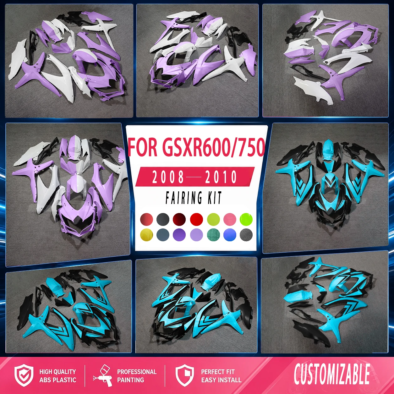 GSXR600 750 2008 2009 2010 Motorradteile Verkleidungen für GSXR750 600 08 09 10 Aftermarket Verkleidungspanel-Set