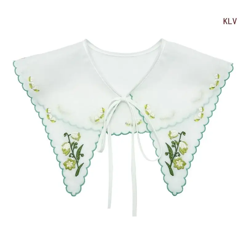 

Fashion Detachable Fake Collar Organza Shawl Wrap for Women Embroidery Floral Lace-Up Tie Necklace Lightweight Capelet