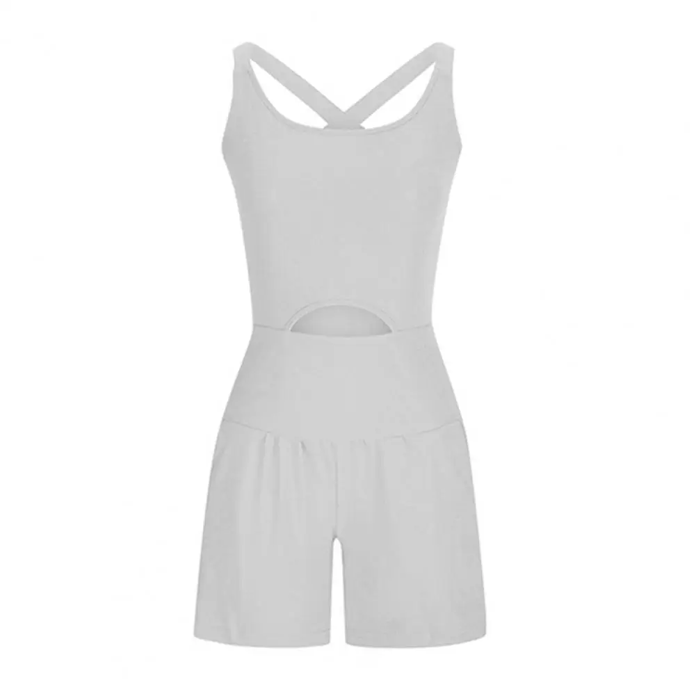 

Elasticated Waist Rompers Stylish Women's Sports Rompers with Cross Back Design for Yoga Jogging Sleeveless Hollow Out Pleated