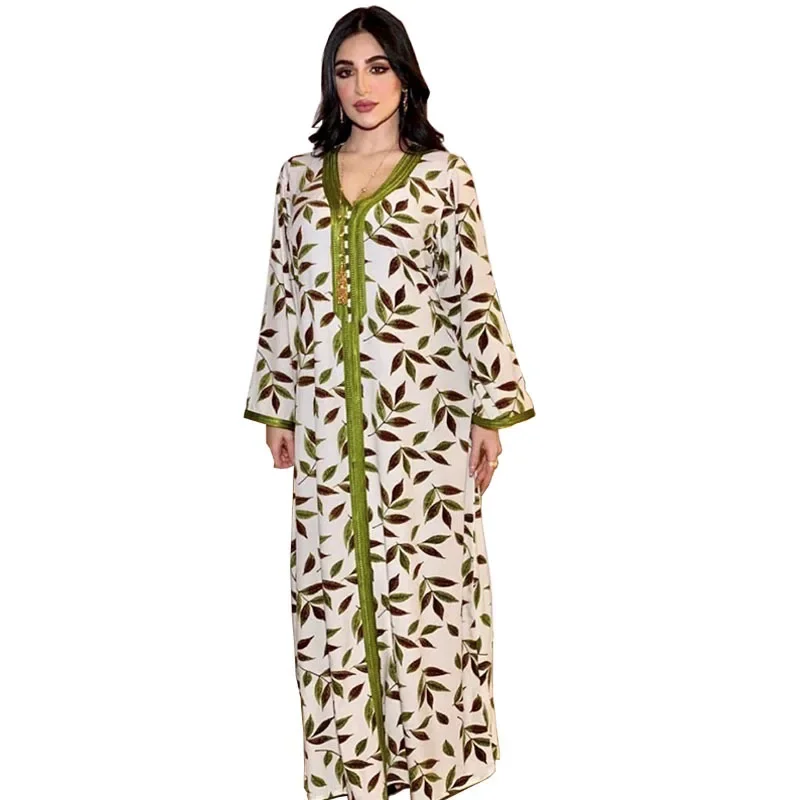 Muslim Dress Women Maxi Dresses Summer Casual Satin Abayas for Women Fashion Female Loose Dress Full Sleeve Print Floral Robe