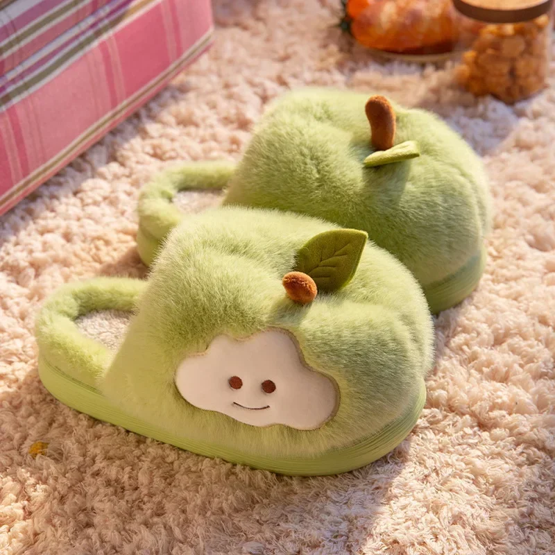 

2025 funny green fluffy slipper apples women's fuzzy home room shoes cloud slippers adult woman winter warm living room shoes