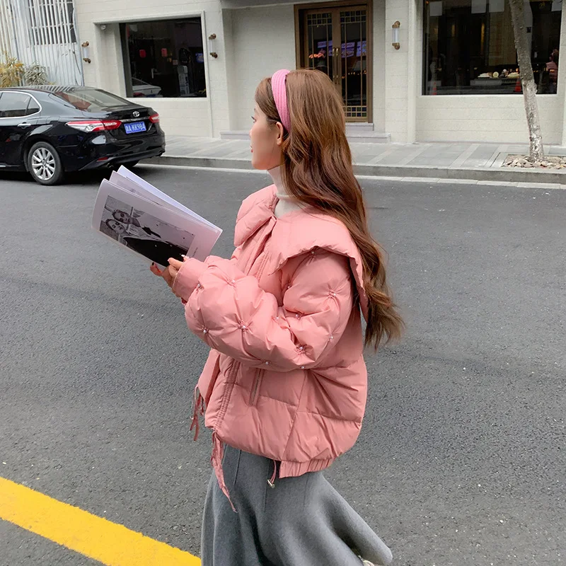 Jaqueta curta para mulheres, gola de boneca coreana, agasalhos elegantes de pérolas, jaquetas de neve quentes e soltas grossas, casacos de inverno femininos