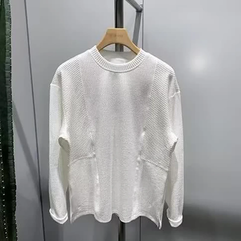 

Autumn Plaid Print Spliced Men O Neck Long Sleeve T Shirt Korean Fashion Simple Casual Loose Clothing Top Black White Grey Khaki