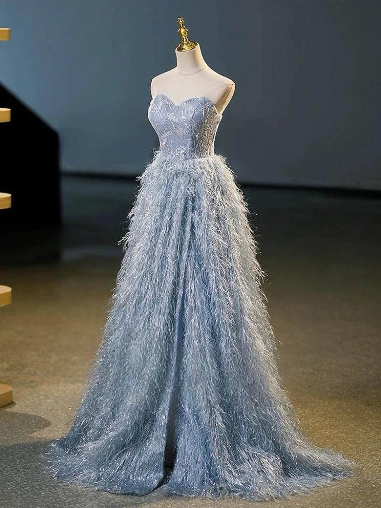 فساتين سهرة على شكل حرف A بدون حمالات بدون أكمام ريشة طول الأرض أنيقة طويلة ماكسي لحفلات الزفاف فساتين رسمية للنساء #1