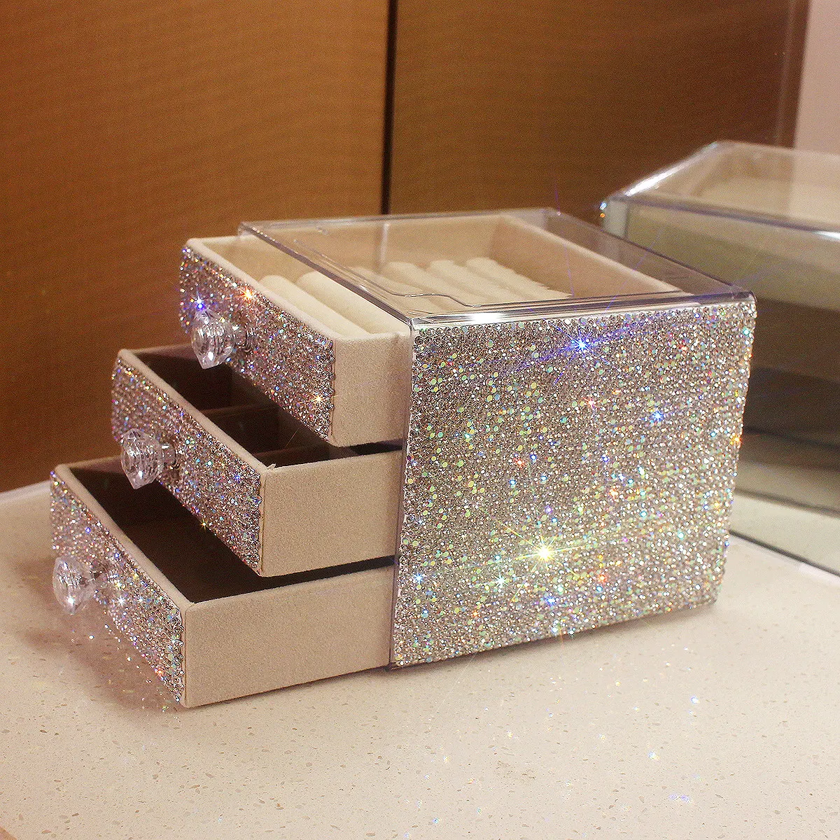 Multi-functional Jewelry Storage Box Bling Rhinestone 3/5 Levels Ring Bracelets Necklaces Earrings Display Holder Organizer Gift