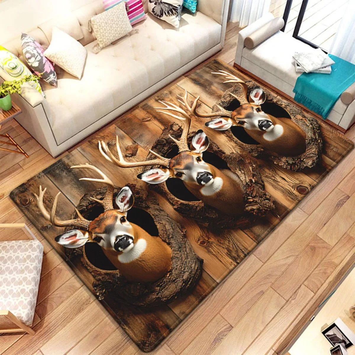 Three Deer Head Mount Rug Rustic Wood Background Soft Crystal Velvet Floor Mat Hunting Theme Home Decor 3D Realistic Design
