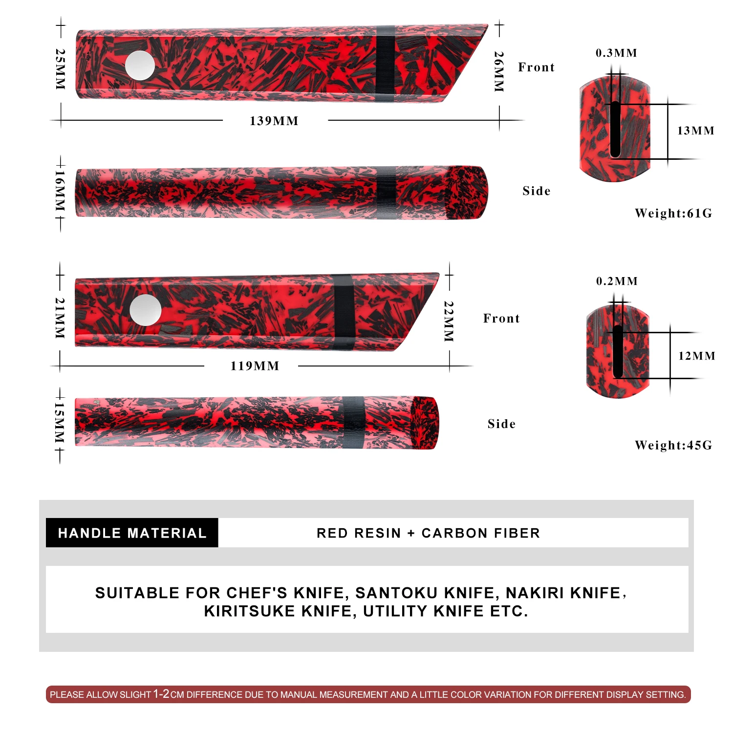 Grandsharp 1-2 buah pisau Handel DIY, Resin merah Premium 139MM & 119MM + serat karbon tahan lama dengan pegangan nyaman