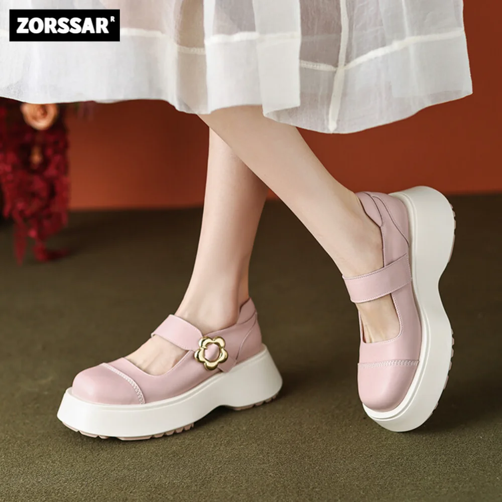 

2024 New Genuine Cow Leather Women Mary Jane Platform Sneakers Pink Fashion Thick Bottem Slip On Casual Women Vulcanize Shoes