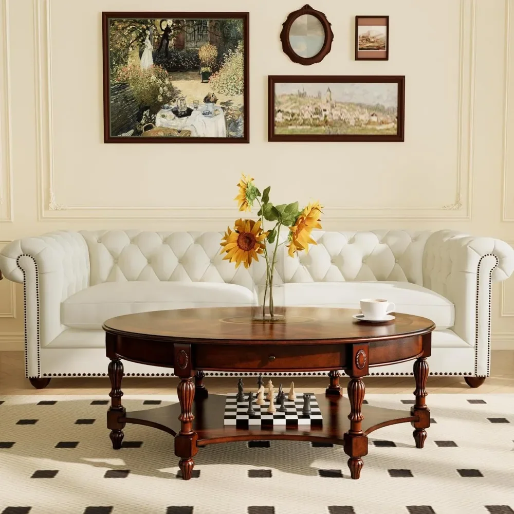 Oval Coffee Table for Living Room, Cherry Solid Wood Coffee Table with Storage Drawer, Victorian Antique Vintage Coffee Table