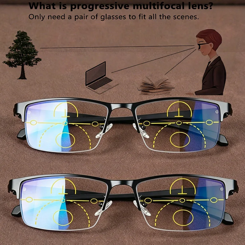 2 Occhiali da Lettura Progressivi Multifocali da Uomo, Montatura Semi-Rimless, Lenti Fotocromatiche, Aste Ultraflessibili in TR90