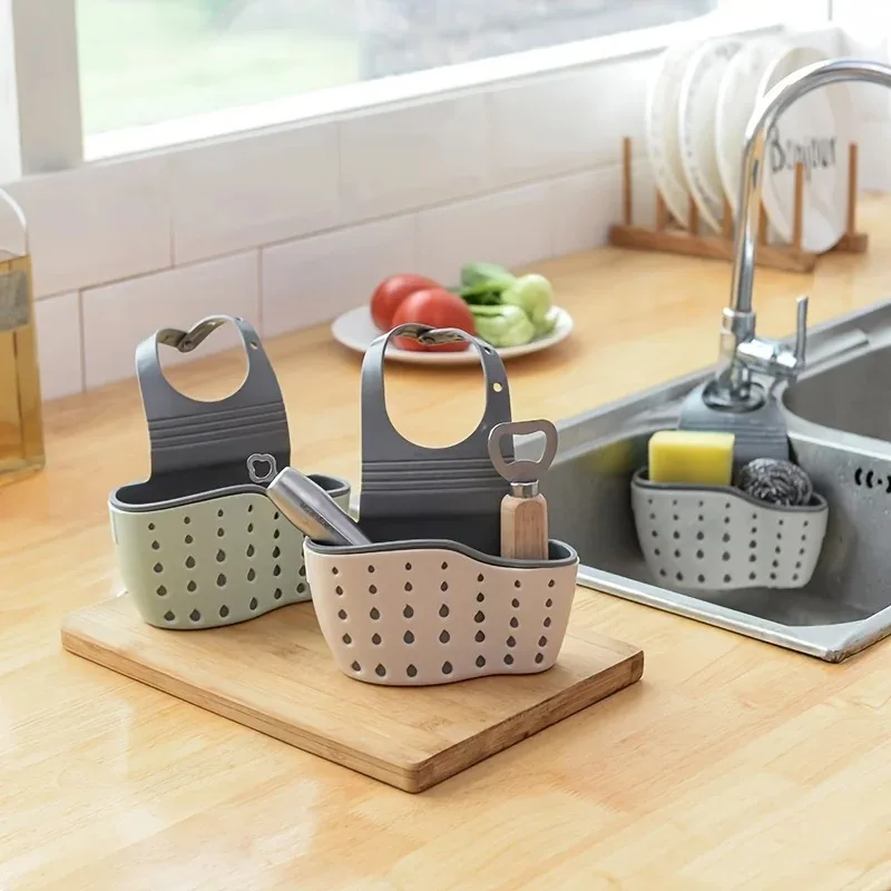 Adjustable Button Type Kitchen Sink Drain Hanging Bag Two-Layer Sink Storage Shelf Faucet Sponge Basket for Household Use