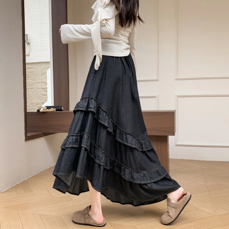 Midi Long Skirts Womens Denim Skirt Goth Lolita Spring Summer High Waisted Asymmetrical High Low Ruched Ruffle Jean Skirts rok