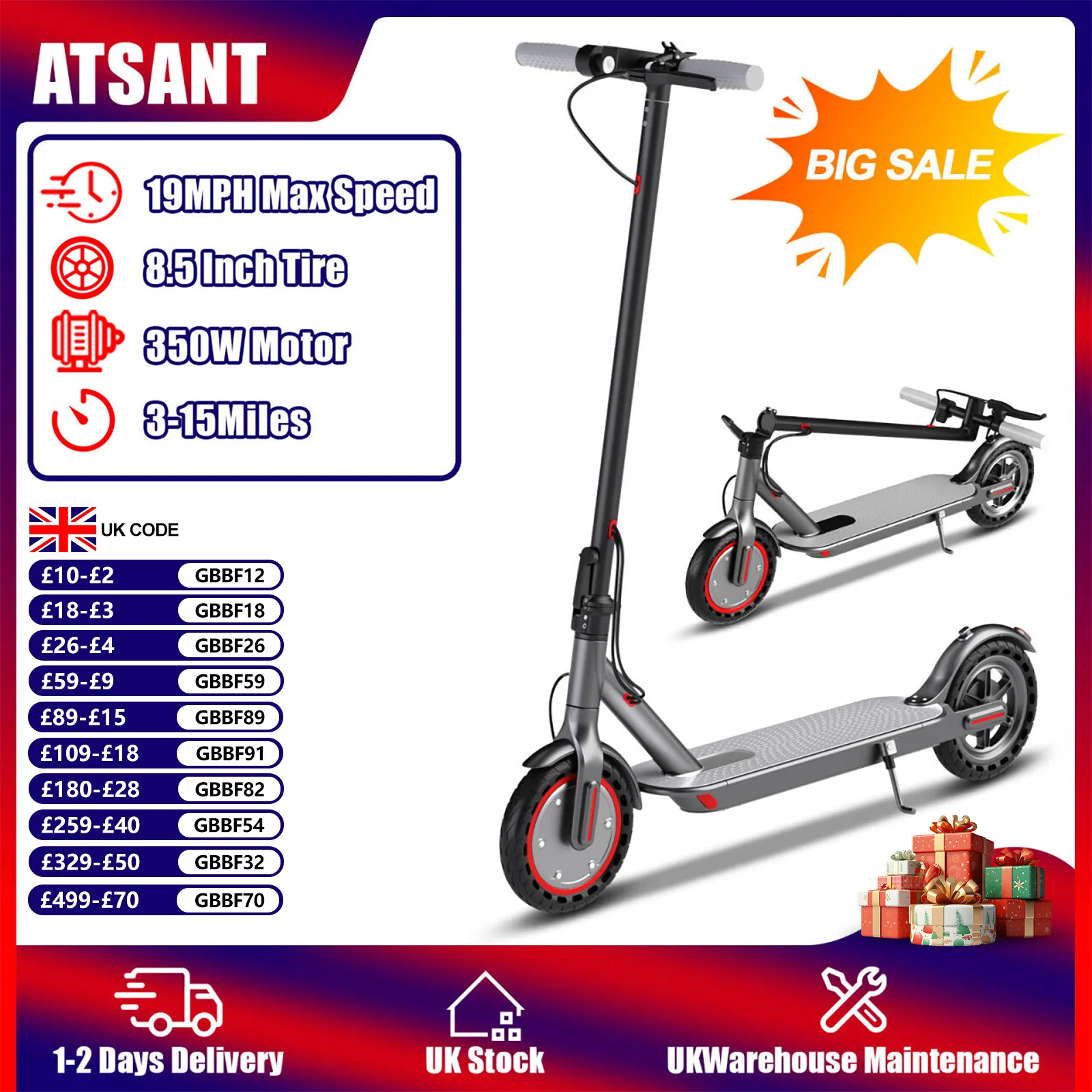 ATSANT Elektroroller, 19 MPH, Doppelbremsen, 8,5 Zoll Vollreifen, faltbarer Elektroroller, leichter Pendlerroller für Erwachsene