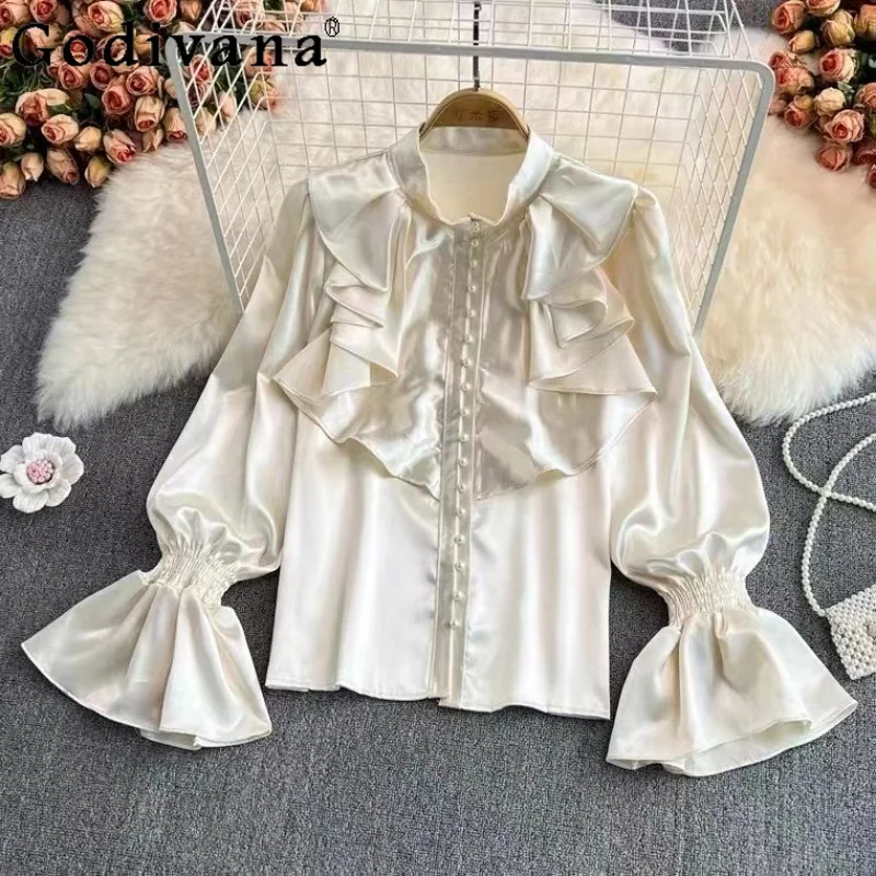 

Lolita Shirt 2025 New Temperament Spring and Autumn French Retro Long Lantern Sleeve White Versatile Fashion Stand-up Collar Top