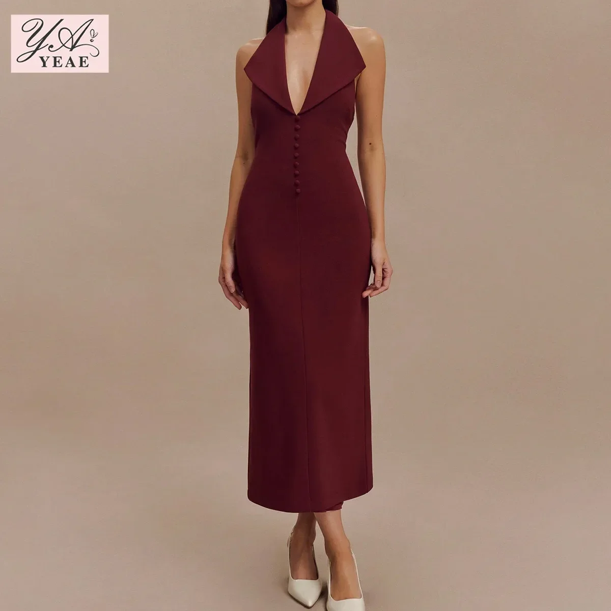 Sexy backless V-neck suit MIDI sheath wrap hip slit halter dress formal dress women elegant