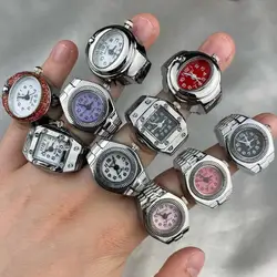 Vintage Punk Finger Watch Mini Elastic Strap Alloy Watches Couple Rings Jewelry Clock Retro Roman Quartz Watch Rings Women Men