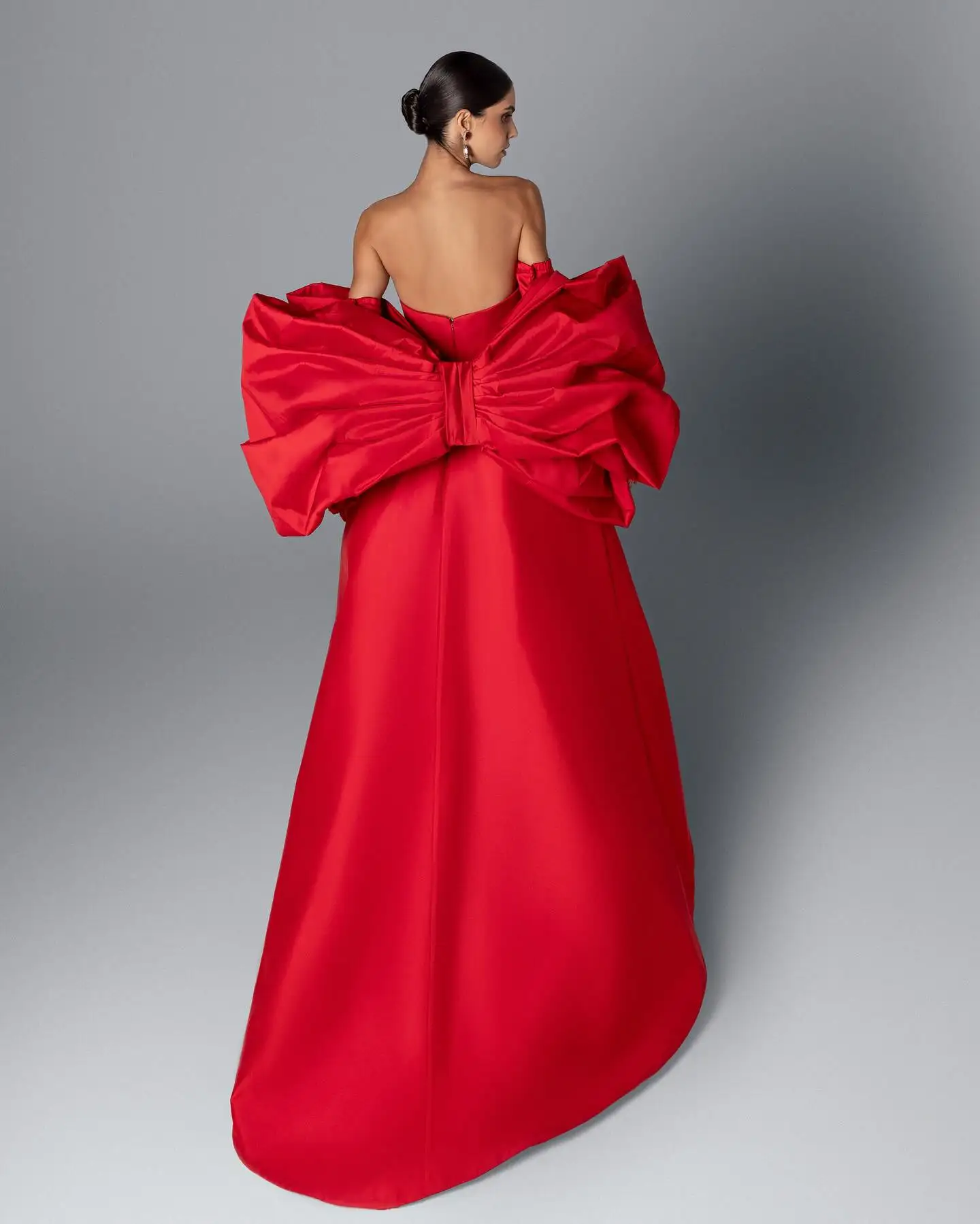 Amazing Red Satin High Low Evening Dresses With Oversize Bow Cape Shiny Crystal Strapless Long Evening Gowns