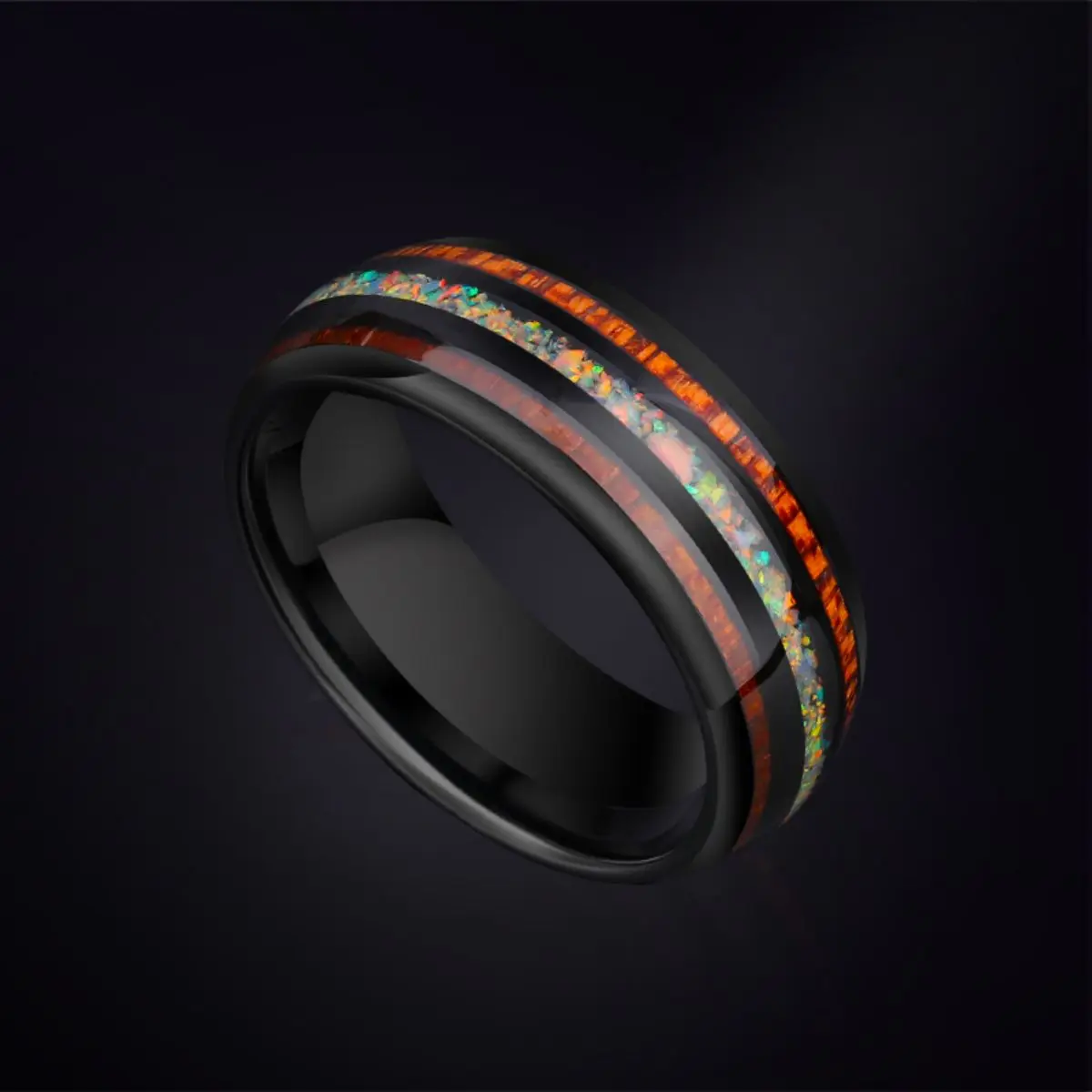 Loyal Moon Quality Tungsten Ring For Men and Women Fashion and Elegant Natural Rainbow Opal And Old Wood Jewelry Gift