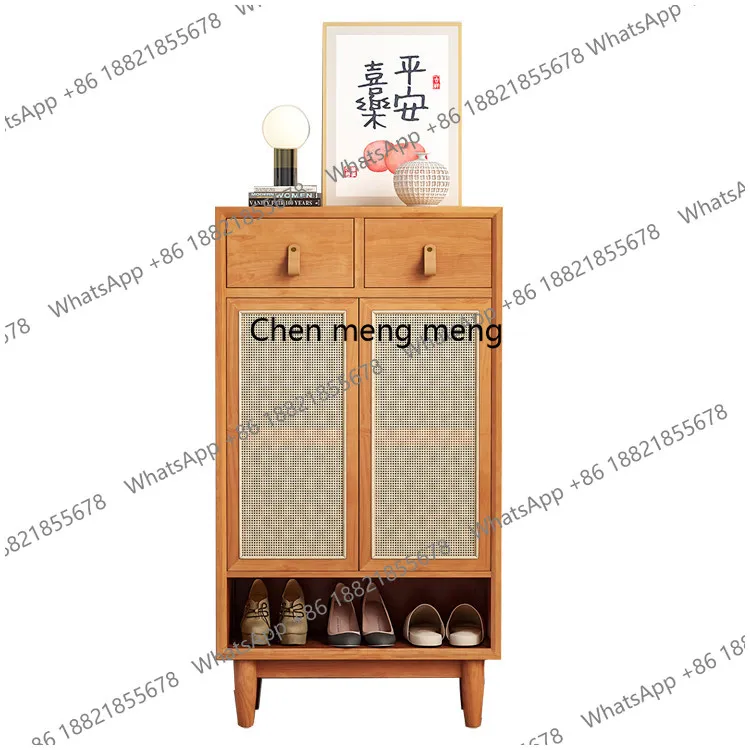 

Japanese Style Shoe Cabinet Home Modern Minimalist Small Apartment Solid Wood Rattan Woven Shoe Cabinet Narrow Entrance Cabinet