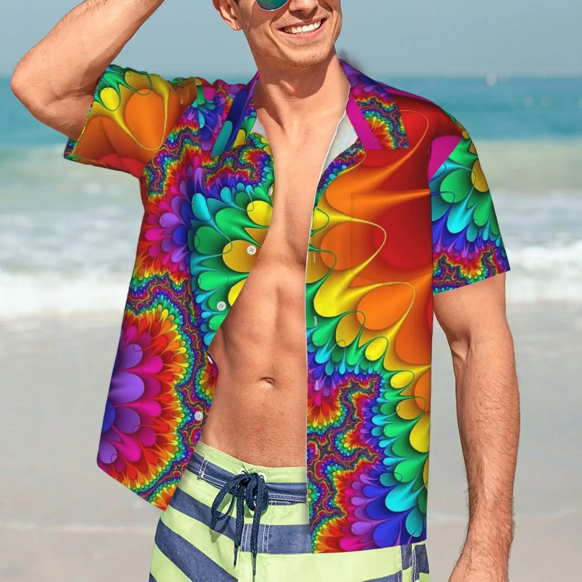 

Rainbow Splash Casual Shirt Psychedelic Print Retro Hawaiian Shirts Men Short Sleeve Beach Comfortable Graphic Oversize Blouses