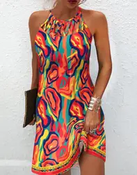 Vestido sem mangas com estampa abstrata multicolorida feminina, Hetero, Casual, Mini, Oco, Férias, Feminino, Verão, Novo, Moda, 2023