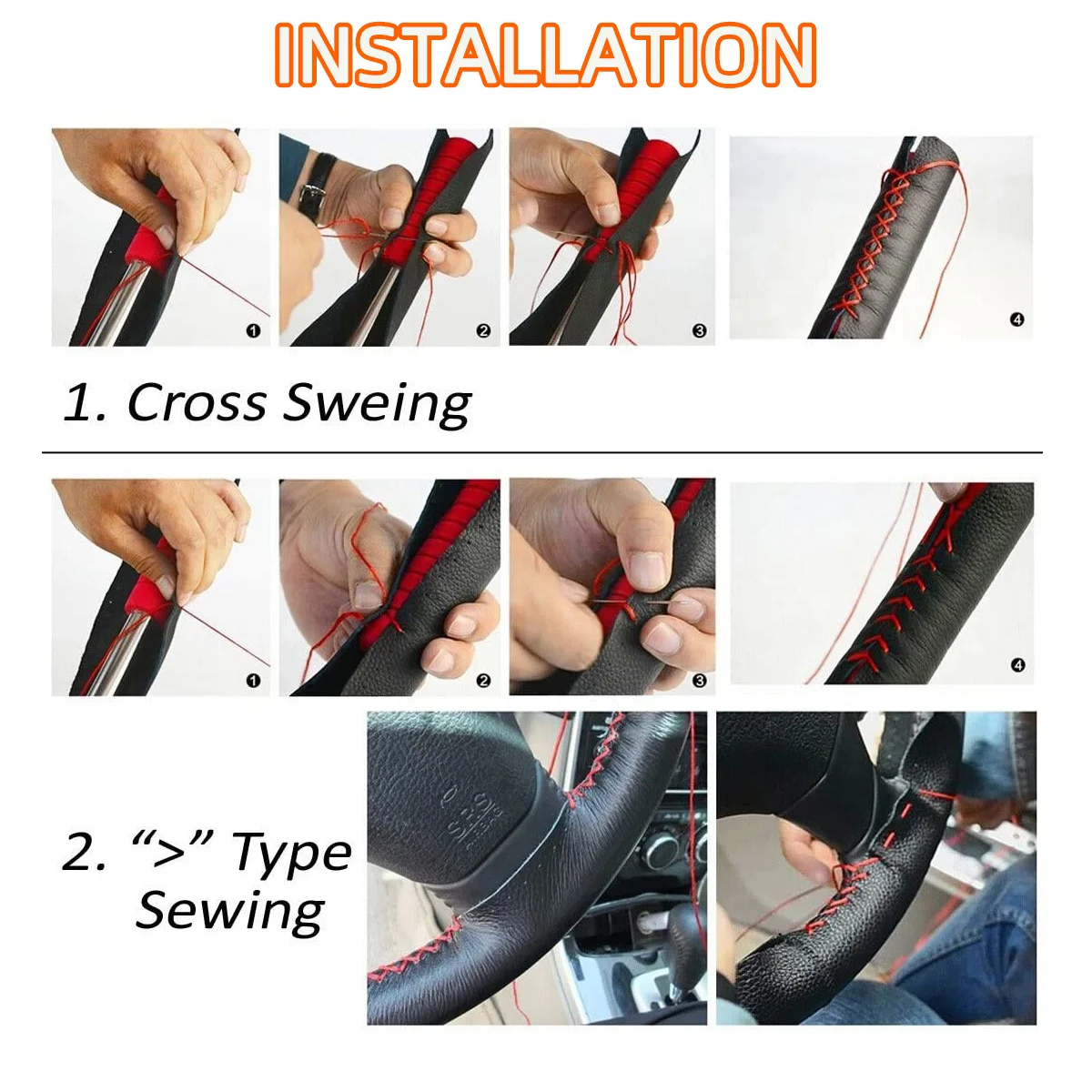Universeller Leder-Auto-Lenkrad-Stich-On-Wrap-Cover, passend für 38 cm 14 Zoll DIY Nähen, atmungsaktiv und rutschfest, Schwarz, Grau, Beige – Detail 11