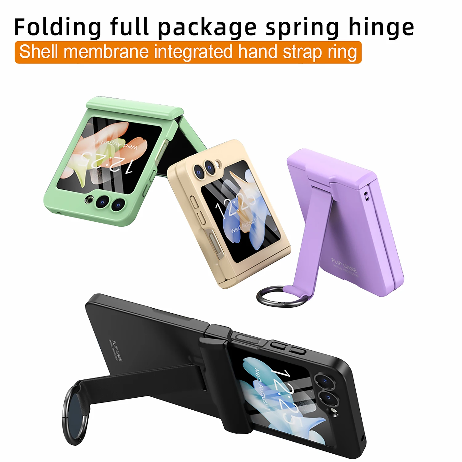 Hard PC Spring Hinge Shockproof Phone Cover for Samsung Galaxy Z Flip 5 Case with Hand Band Ring Small Screen Protector