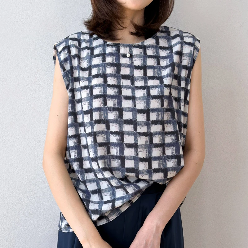 

93% Mulberry Silk 7% Spandex Gray Checks Printed Raglan Cap Sleeve Women Casual Shirt Top Blouse Pullover Summer M1615