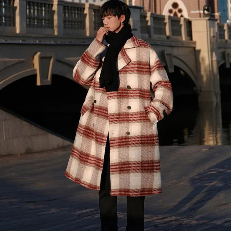 

Patchwork Color Men Plaid Woolen Coat Handsome Vintage Fashion Korean Loose Casual Jacket Autumn Winter Male Thick Cashmere Coat