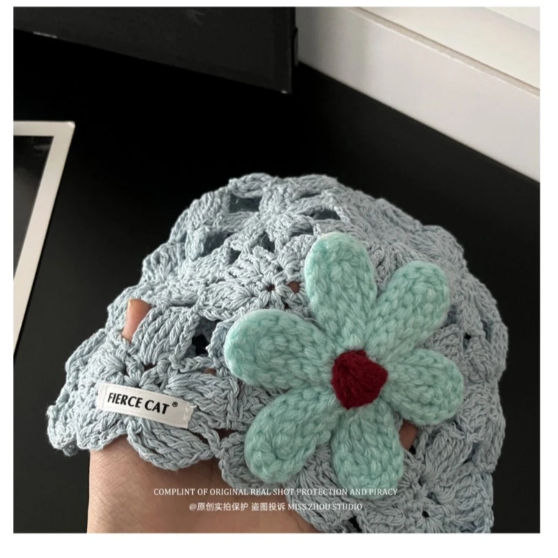 Korean Handmade Crochet Flower Cut-out Pullover Hat Women's Summer Thin Breathable Knit Hats Sweet Short Brim Beanie Caps 6