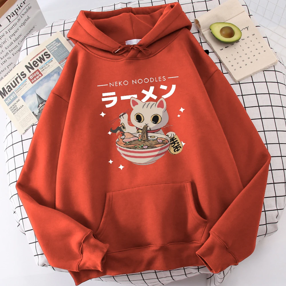 Harajuku Cat Neko Noodles Ramen Design Woman Pullovers All-Match Street Hoodies Hip Hop Fleece Hoody Autumn Fashion Sportswear