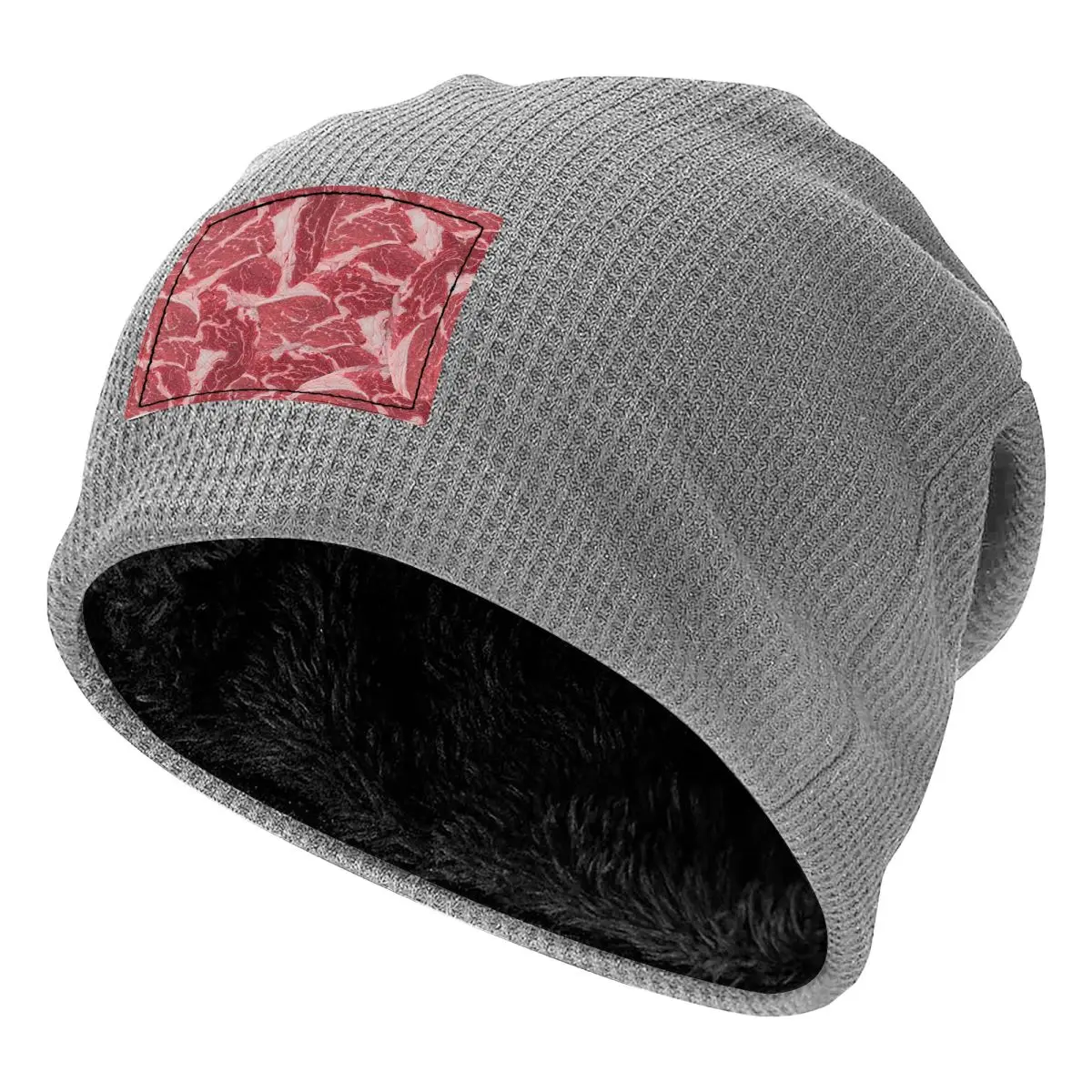 Meat Waffle Knit Fleece Lined Beanie with PU Leather Patch Unisex Warm Winter Soft Cap