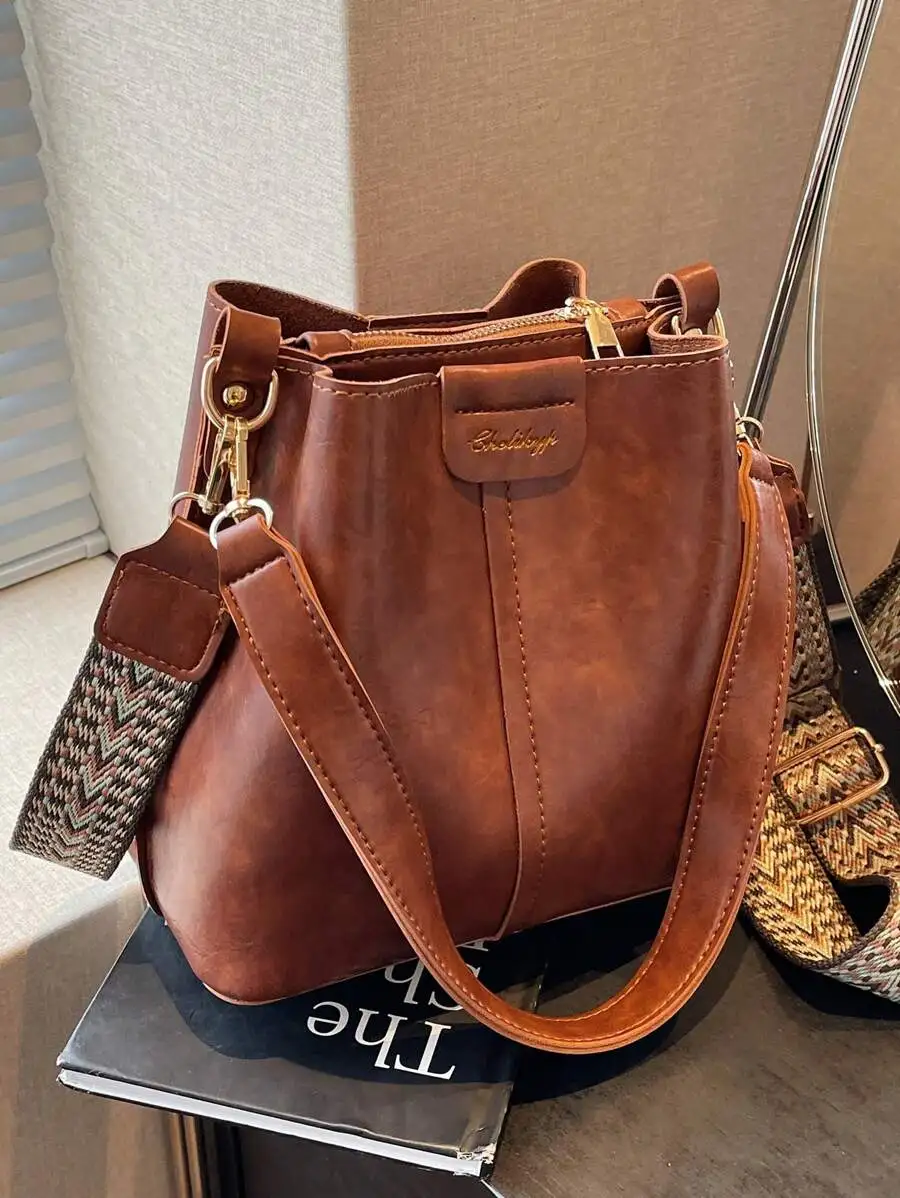 

Women Retro Solid Color PU Bucket Bag, Mini Summer Fashion Texture Shoulder Bag, Versatile Daily Crossbody Bag