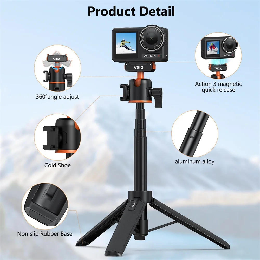 VRIG Magnetic Selfie Stick Tripod for DJI Action 5/4/3 Pro Mini Extension Rod 360° Camera Tripod with Adapter For DJI OSMO 360