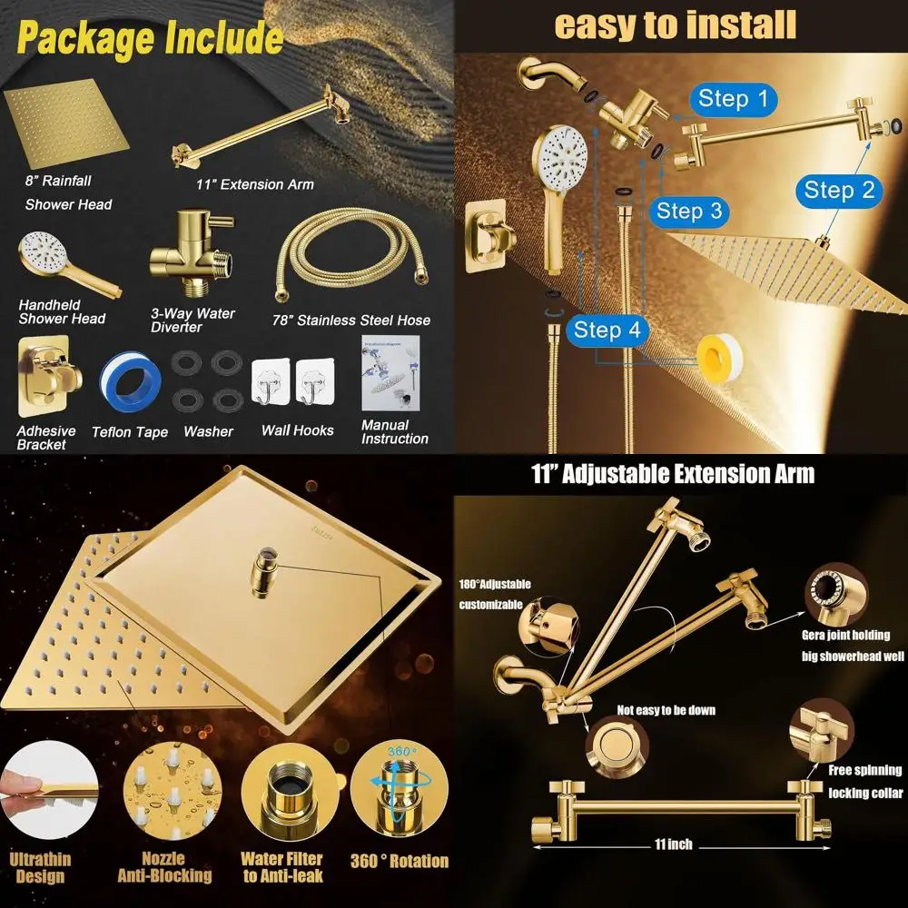 

8 Pure Rain Shower with 6-Setting Handheld Spray, 78 Leak-Proof Hose, 11 Extendable Arm, Gold