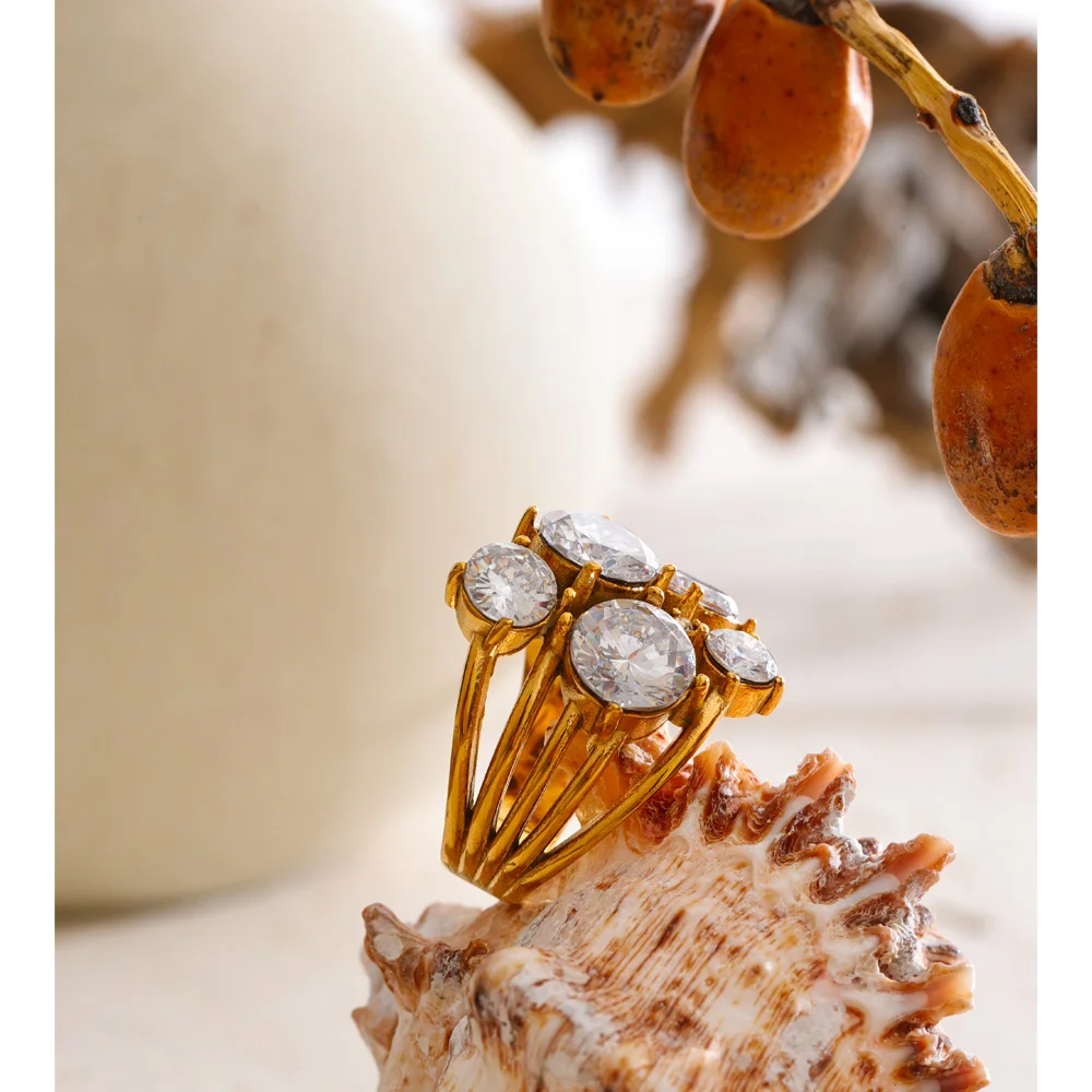 Yhpup Size 678 Stainless Steel Shiny Cubic Zirconia Layered Ride Ring 18K Gold Color PVD Plated Fantasy Dainty Finger Jewelry