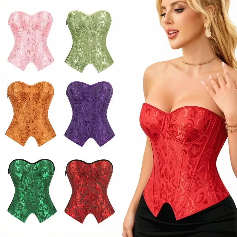 

Elegant Corset Tops Jacquard Overbust Side Zipper Black Goth Waist Trainer Lingerie Bustier Body Shapewear Clothes
