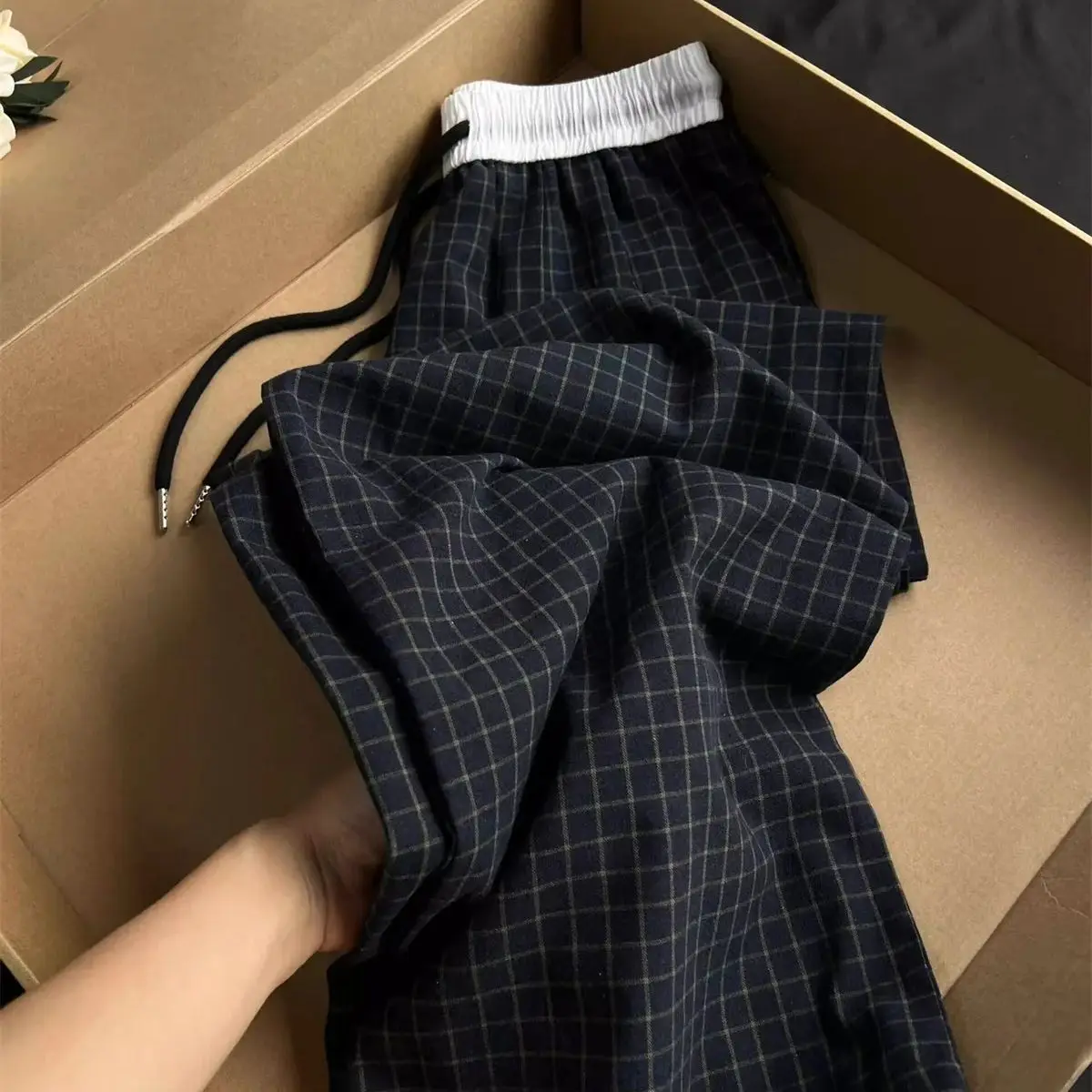 Moda feminina xadrez cordão calça outono primavera novo em calças retas perna larga cor bloqueada calças l ady casual streetwear