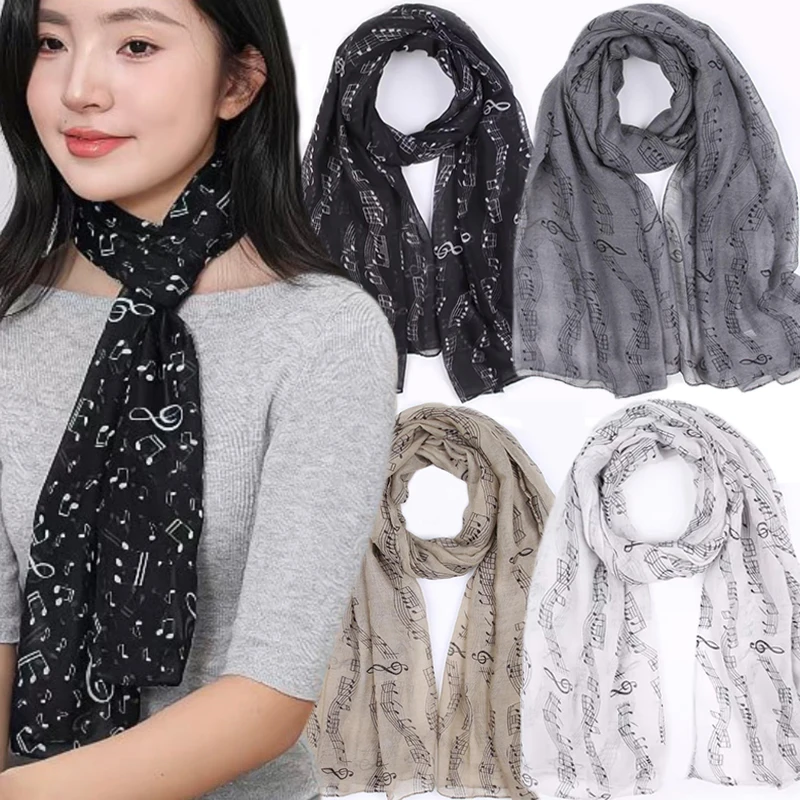 180cm Musical Note Print Tulle Scarf Cotton Voile Smooth Musical Note Floral Shawl Casual Musical Note Floral Wrap Women Decor
