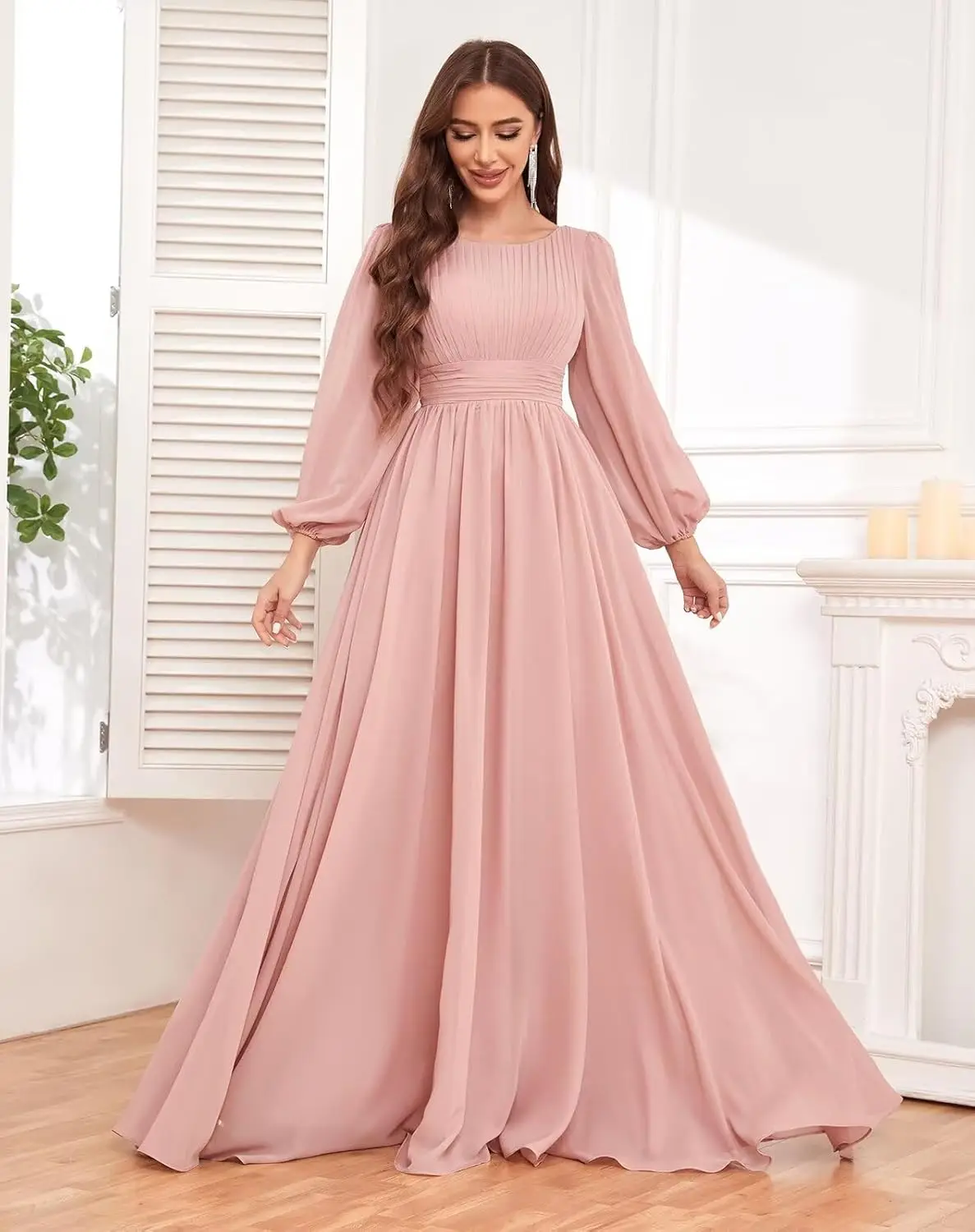 แขนยาวชีฟองชุดเพื่อนเจ้าสาวสำหรับผู้หญิงยาวเอวเอ็มไพร์แต่งงานชุดราตรีอย่างเป็นทางการชุดราตรี