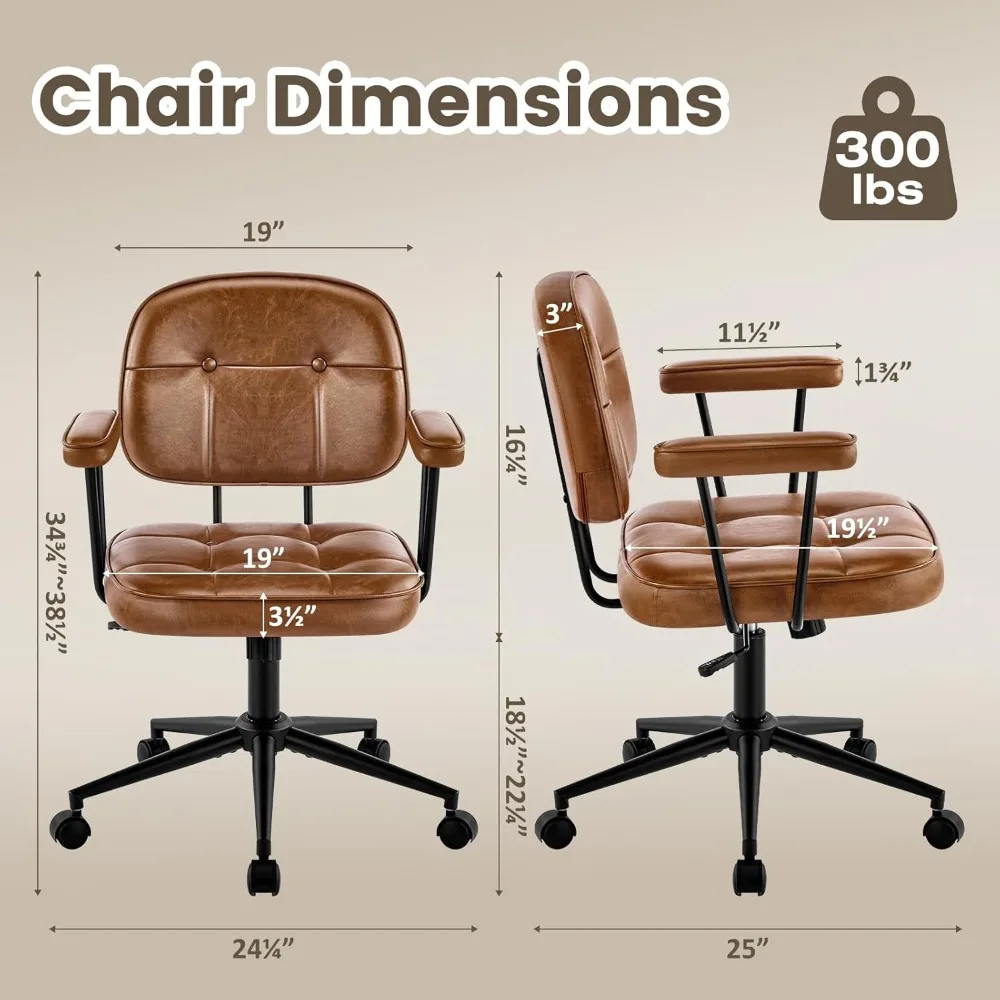 كرسي مكتب منزلي مع مسند ذراع مبطن بعجلات، كرسي مكتب جلدي مريح مع دعم قطني متوسط الظهر قابل للتعديل #2
